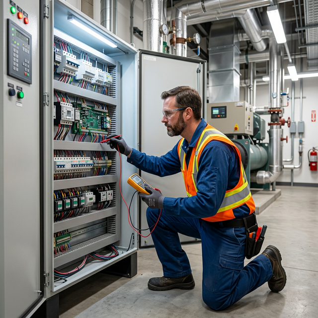 Facility maintenance professional inspecting equipment
